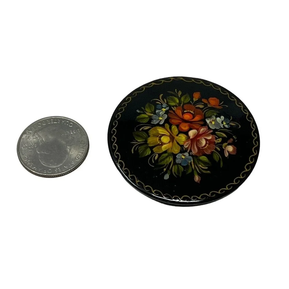 Vintage Metal Handpainted Brooch‎ Black with Orange and Yellow Flowered Pin